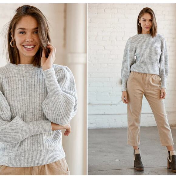Lulus | Crisp and Cool Heather Grey Knit Balloon Sleeve Sweater - Picture 1 of 10